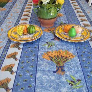 96" RECTANGLE WHEAT BOUQUET BLUE FRENCH TABLECLOTH